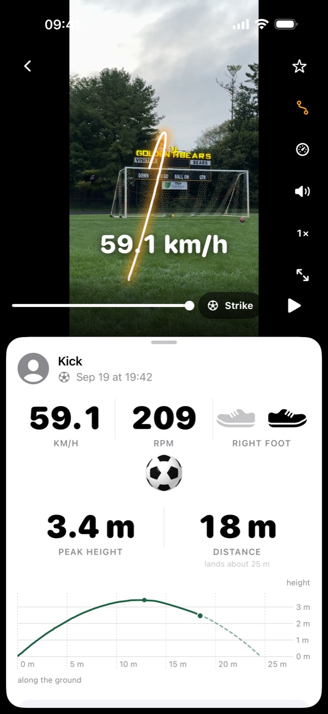 Strikr's results for a kick: 59.1 km/h, 209 rpm, right foot, 3.4 m peak height and 18 m distance, over a chart of the ball's flight.